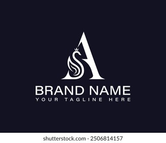 Bird luxury fashion brand and cosmetics vector logotype sign. Swan Bird and  royal crown with letter A logo design.