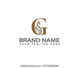 Bird luxury fashion brand and cosmetics vector logotype sign. Swan bird and royal crown with letter G logo design.