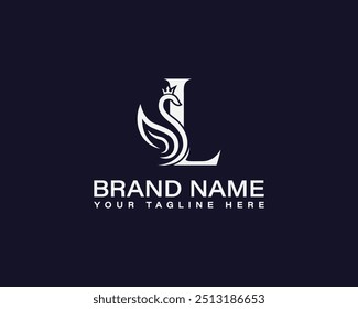 Marca de moda de luxo de pássaro e sinal de logotipo de vetor de cosméticos. Pássaro de cisne e coroa real com letra L logotipo design.