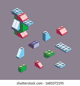 Bird made of blocks. Isometric constructor. Blocks and elements to create funny figures. Flat design.