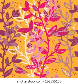 bird in magical forest bright seamless pattern