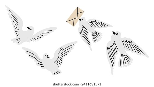 Bird mail collection. Dove with letter. Flying pigeon with envelope in beak. Hand drawing birds delivering post. Cartoon drawn vector illustration 