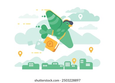 Bird mail delivery concept illustration. A green bird flying with a mailbag, delivering messages over a cityscape with location pins and clouds.