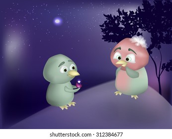 bird making proposal of marriage concept. 3-d cartoon character vector Cute cartoon birds