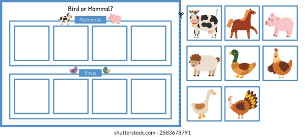 Bird or mammal cut and glue game. Farm animals sorting activity page for kids. Funny printable template. Vector illustration