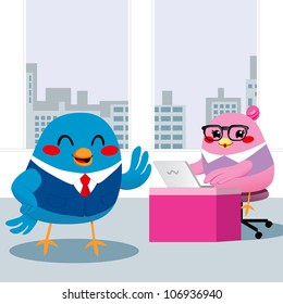 Bird manager dictating to secretary taking notes with laptop