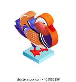 Bird mandarin duck. Illustration isometric icon. The vector image of the animal in the original unusual style isolated on white background.