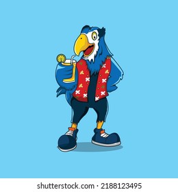 bird mascot by holding glass of juice