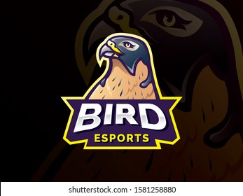 Bird mascot character logo design. Hawk head mascot vector logo. Eagle esport gaming logo design, Bird team sport badge design