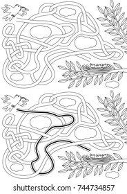 Bird maze for kids with a solution in black and white
