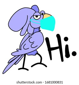 A bird in a medical mask greets. Purple cockatoo on a white background. Tired quarantine parrot. Vector 2D character on a white background. For stickers, print and logo. The word "Hi" by hand.