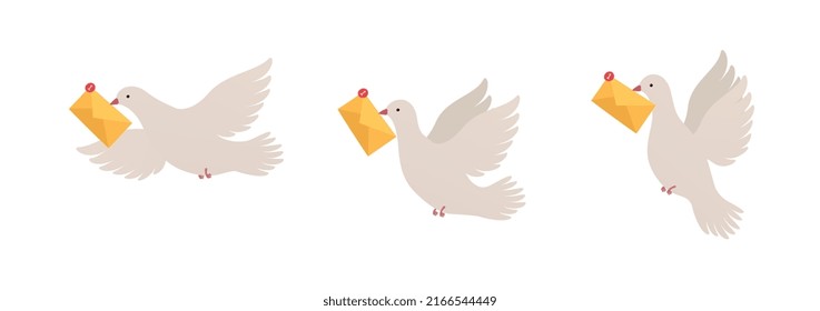 Bird with message in different positions. Pigeon with envelope. Concept chat and communication, message passing.