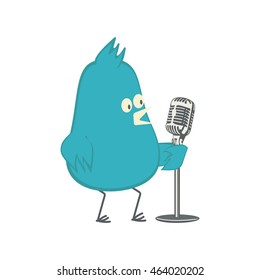 Bird with a microphone on stage. Vector illustration.