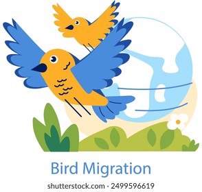 Bird Migration concept. Colorful illustration of birds flying over a stylized globe, representing the journey of avian migration. Nature, travel, seasonal movement. Vector illustration.