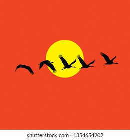 Bird Migration at Sunset, vector illustration