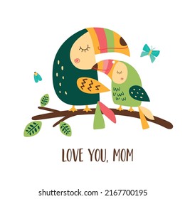 Bird mom and baby. Family birds. Happy Mothers day. Cute lovely toucan character elements. Funny mom and baby birds. Vector illustration. Jungle wildlife birds. Mommy birthday card.