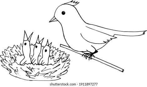 Vogel Mama und Küken im Nest Symbol, Aufkleber. Skizze handgezeichnet doodle Stil. Minimalismus, einfarbig. Frühling, Brot