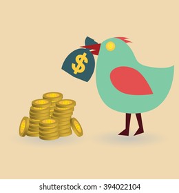 bird with money bag and stack coin, business concept, vector illustration