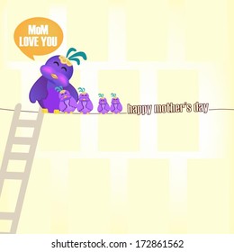 Bird mother and babies vector with greeting "Happy Mothers's Day"