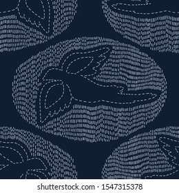 Bird Motif Embroidery Sashiko Kantha Vector Pattern. Asian Needlework Seamless Background. Hand Stitch Indigo Blue Running Stitch Texture for Textile Print, Japan Decor. Simple Kimono Quilting EPS 10