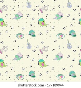 bird, musical instrument, note. Drum, trumpet, cello. 