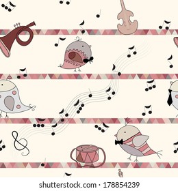 bird, musical instrument, note. Drum, trumpet, cello. Use as a fill pattern, seamless texture, wallpaper, backdrop
