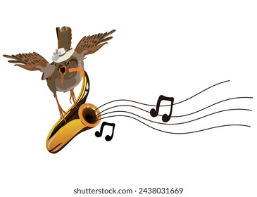 A bird musician in a hat with a trumpet. Jazz festival. Hand drawn musical vector illustration.
