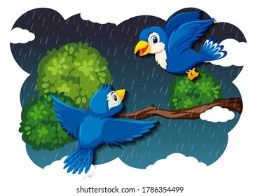 Bird in nature raning scene illustration