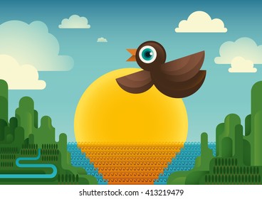 Bird in the nature. Vector illustration.