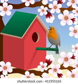 Bird near birdhouse. Blossoming spring tree. Spring. Vector Image.