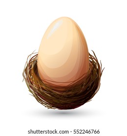 Bird nest and big chicken egg on white isolated. Hand drawn realistic design. Best farm chicken egg quality concept. Label, banner or logo design. Vector illustration stock vector.