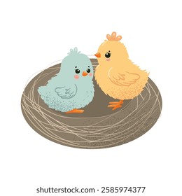 Bird nest with birds, chick, perch, breeding place, birdhouse, oval shape, isolated on white background. vector