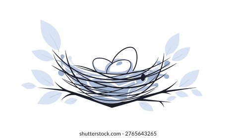 Bird nest with blue eggs resting on tree branches with leaves in a stylized and elegant nature illustration.