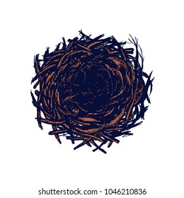 Bird nest with branches card, hand drawn Isolated vector illustration. Engraving