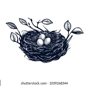 Bird nest with branches, egg card, hand drawn Isolated vector illustration. Eggs in a basket, rabbit, easter cake, willow branch, bird, easter eggs. Engraving