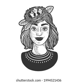Bird nest with chicks on girl head line art sketch engraving vector illustration. T-shirt apparel print design. Scratch board imitation. Black and white hand drawn image.