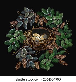 Bird nest and christmas wreath from fir tree branches, vector art. Embroidery style. Fashion winter template for clothes, t-shirt design