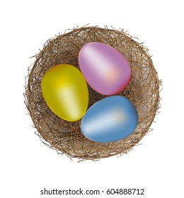 
Bird nest with colorful Easter eggs isolated.