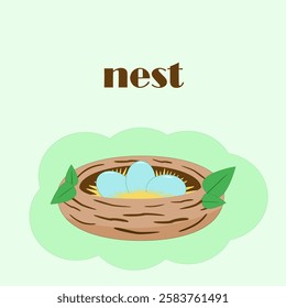 A bird nest containing three eggs. Brown nest with green leaves on the sides. Vector illustration