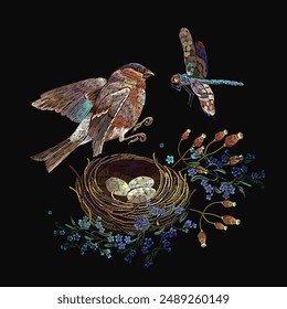 Bird nest, dragonfly, birds and meadow herbs. Fashion spring garden template for clothes, t-shirt design. Embroidery floral style