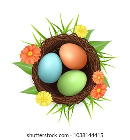 Bird Nest With Easter Eggs. 3d Vector Icon.