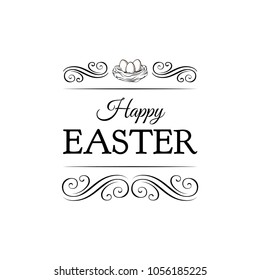 Bird nest. Easter eggs. Decorations, swirls, ornate border. Easter greeting card. Vector illustration Happy Easter lettering