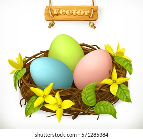 Bird nest. Easter eggs and spring flowers 3d vector icon