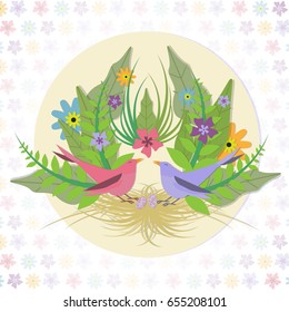 Bird Nest with Egg and Floral Background - Vector Illustration