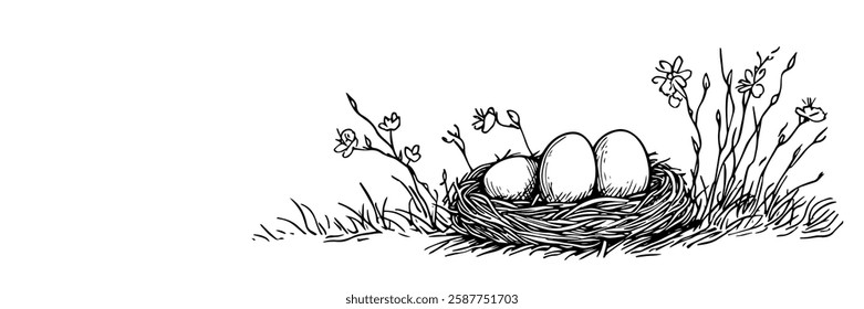 bird nest with eggs among flowers in hand-drawn line art style