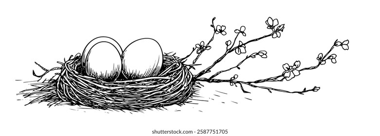 bird nest with eggs and blooming branch in hand-drawn line art style