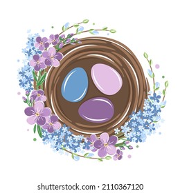 Bird nest with eggs decorated with flowers. Easter spring design. Vector illustration
