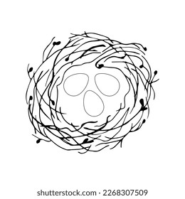 Bird nest with eggs in doodle style. Vector illustration.