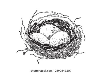 Bird nest with eggs. Easter hand drawn vector illustration, template design.