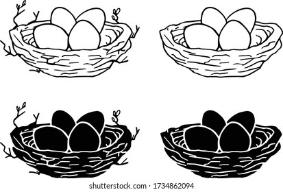 Bird Nest with Eggs Line Drawing - Vector Illustration